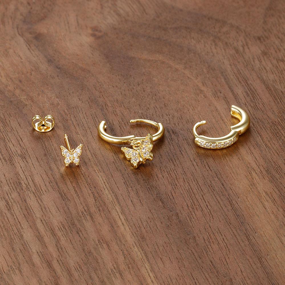 3PCS Elegant Butterfly CZ Charms Dangle Earrings Set for Women Stainless Steel Cubic Zirconia Huggie Cartilage Piercing Jewelry