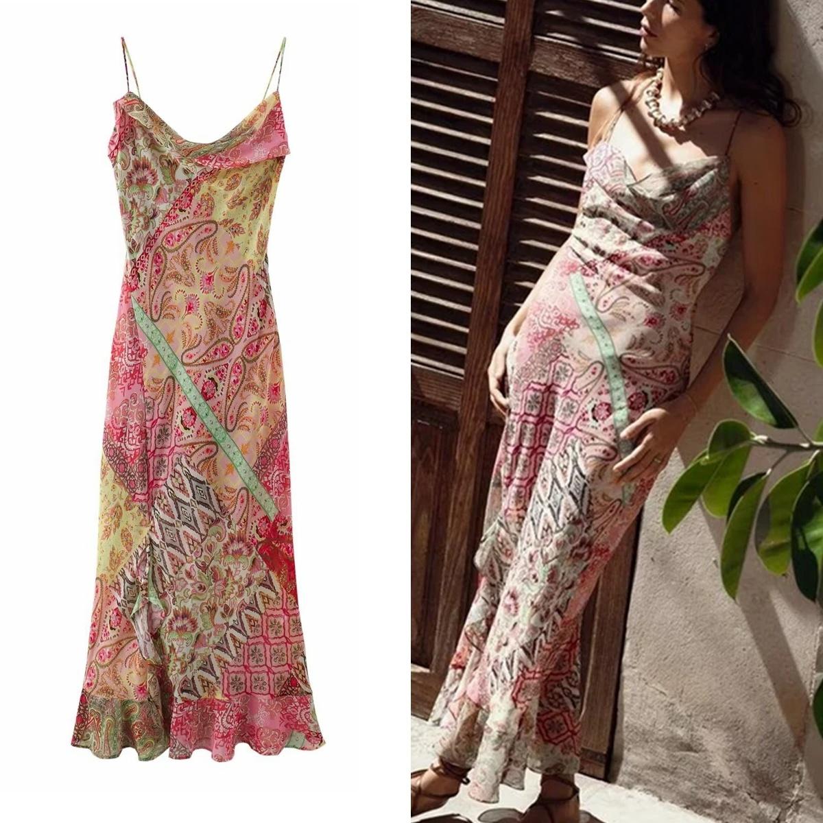 

Женское платье-комбинация, новинка 2024 года, модное летнее лоскутное платье с открытой спиной и принтом для женщин, повседневное шикарное женское платье миди