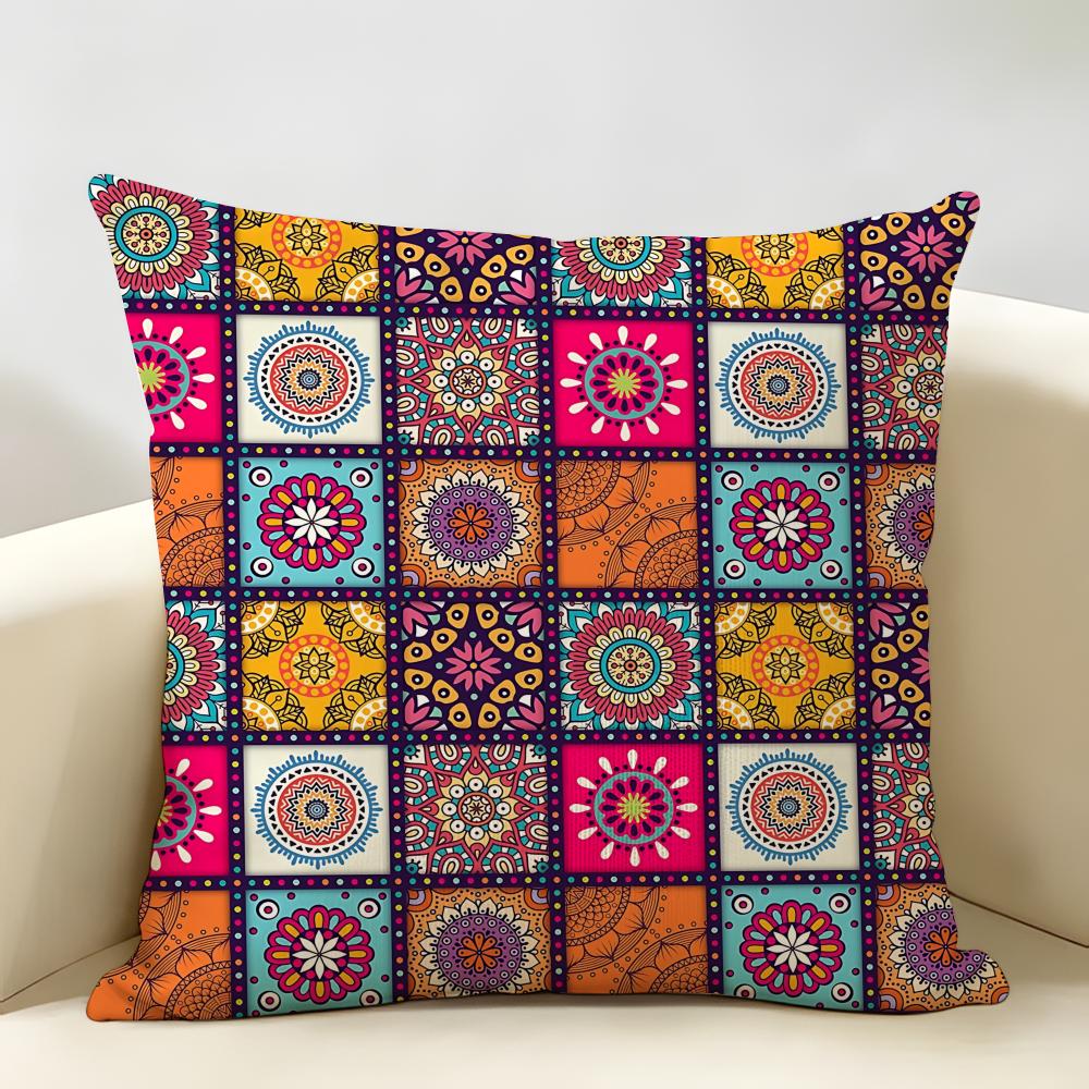 Vintage Bohemian Floral Grid Cushion Cover Natural Linen Organic Fabric DoubleSided Printing Room Sofa Decor Pillow Case