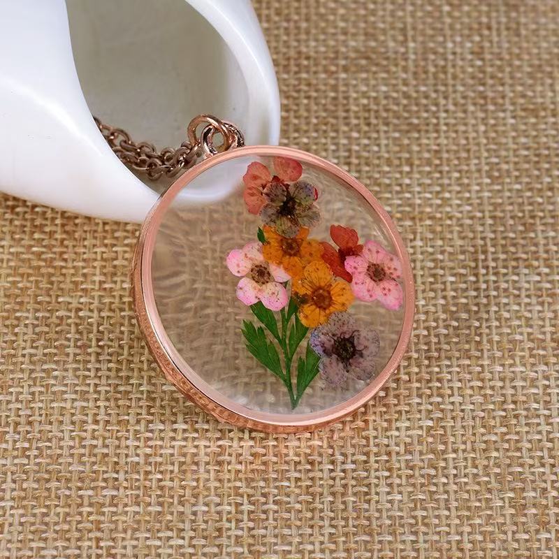 Handmade Epoxy Jewelry, Transparent Photo Box Dried Flower Pendant, Natural Real Dried Flower Round Resin Dried Flower Necklace Dried Flower
