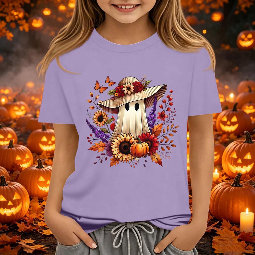 Kids Halloween Printed Short Sleeve T-Shirt Loose Fit Round Neck Casual Tee