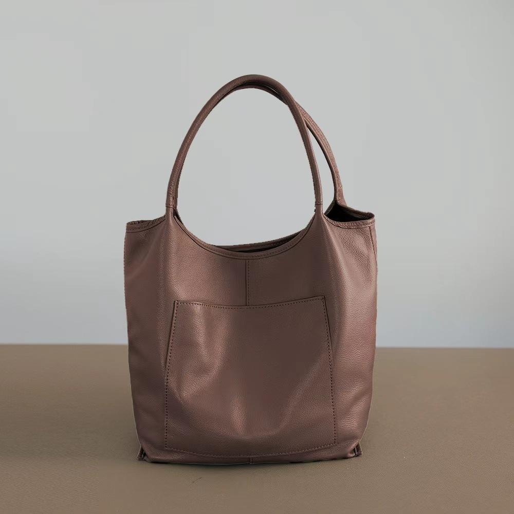 Top Layer Cowhide Japanese Korean Lightweight Hand-held Shoulder Leather Garbage Bag Tote