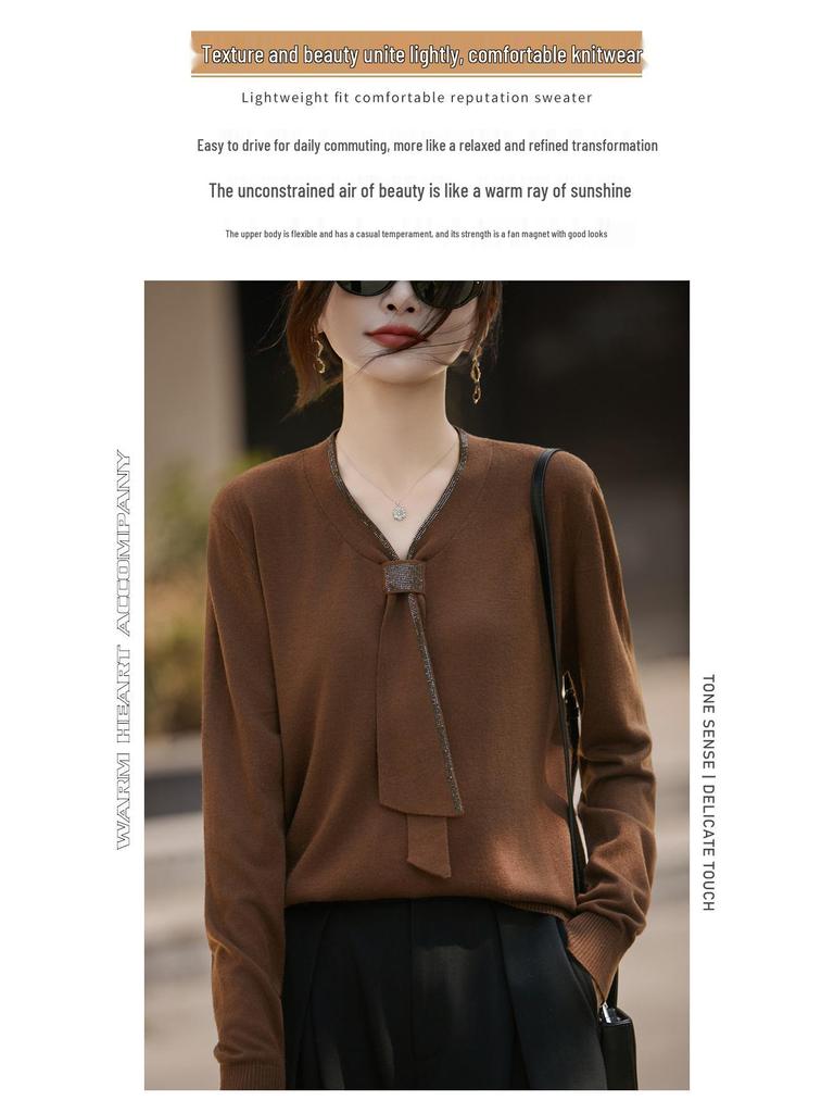 Women's Plus Size Rhinestone V-neck Knit Sweater - Autumn Fashion Long Sleeve Top