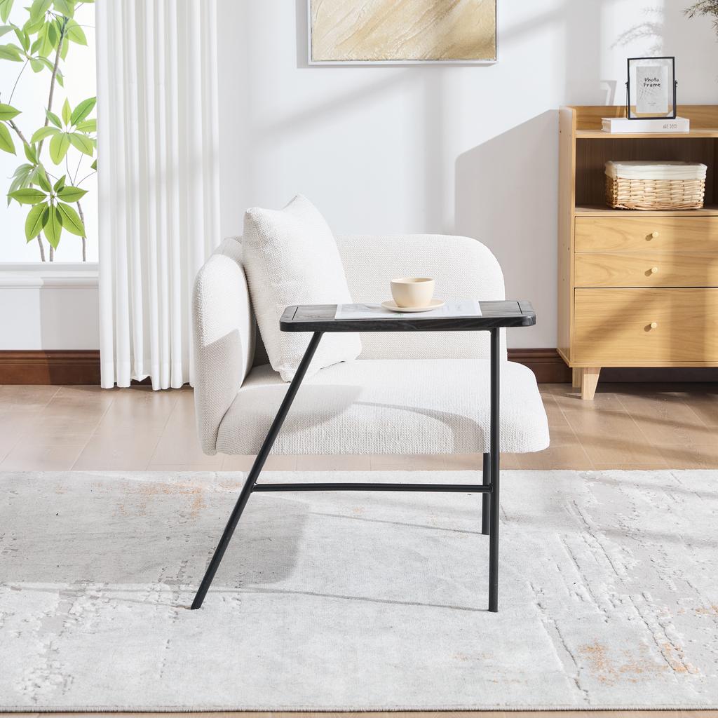 Poltrona individual moderna com encosto de tecido confortável e dois compartimentos de arrumação, complementada por uma mesa lateral prática.