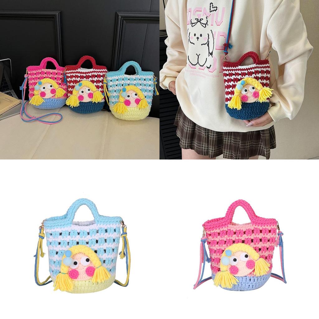 Cartoon Knitted Crossbody Bag With Shy Girl Design For Women Winter Fashion Trendy Casual Womens Accessory