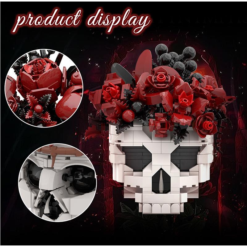 Moc Skull Roses Bouquet Building Set Skeleton Flowers Plant Pot Blocks Gothic Home Decor Assembly Bricks Toys For Adult Gift