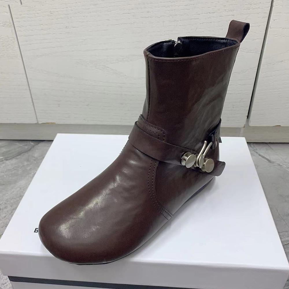 Зимние женские ботинки Водонепроницаемые сноубутсы Нескользящие на плоской подошве Кожаная женская обувь Теплые меховые Дизайнерские женские короткие ботинки Модная обувь 43 коричневый