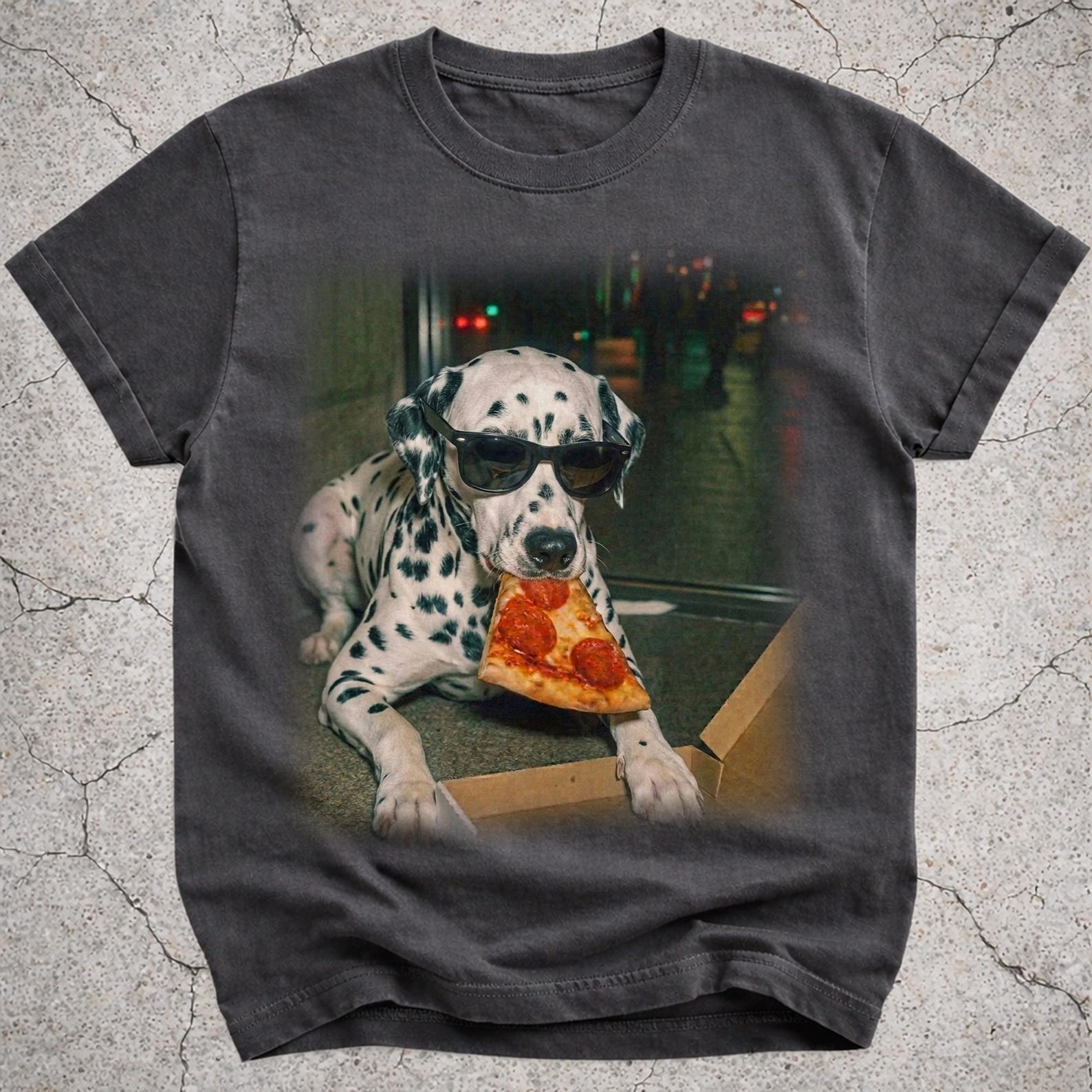 Dalmatian Eating Pizza Shirt, Funny Dalmatian Pizza Meme Tee, Silly Dog Graphic T-Shirt, Novelty Pizza Lover Gift for Dog Mom Dad L
