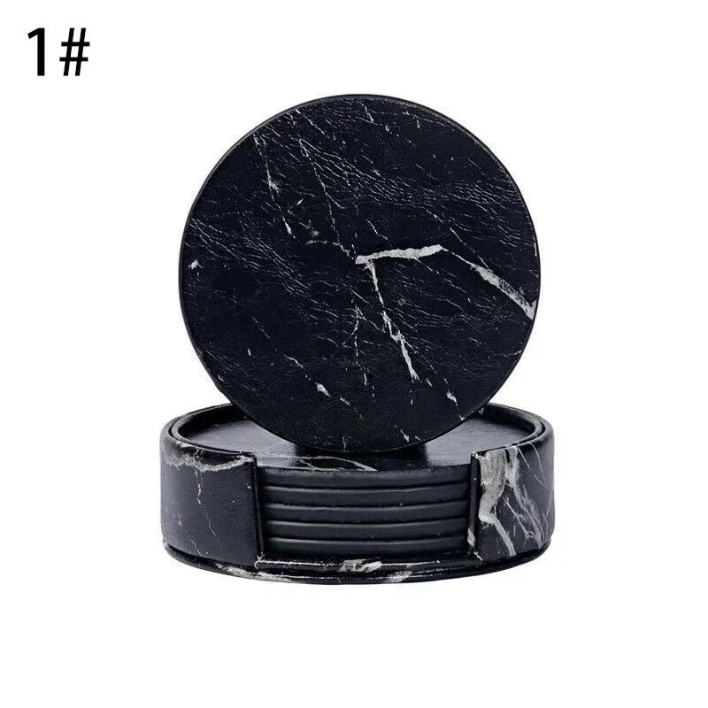 6PCS Hot Sale PU Leather Marble Coaster Drink Coffee Cup Mat Easy To Round Tea Pad Table Holder Clean Placemats Coaster Set