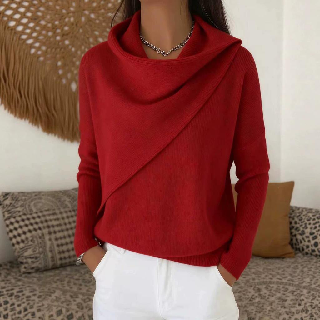 Women Cowl Neck Wrap Sweater Asymmetric Draped Long Sleeve Solid Color Loose Elegant Ladies Autumn Winter Knit Pullover