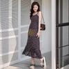 2026 Summer Floral Print Black Midi Camisole Dress - Women's Beach Vacation Wear