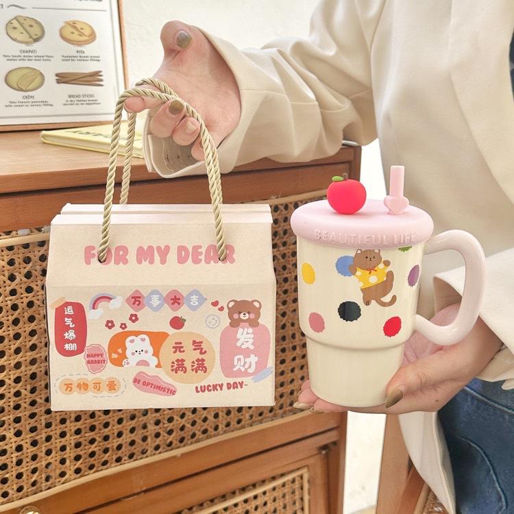 Apple Mug with Lid with Straw Cup Ceramic High Looking Girl's Heart Cup for Birthday Gift