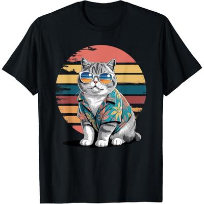 British Shorthair Cat Sunglasses Hawaiian Beach Summer T-Shirt
