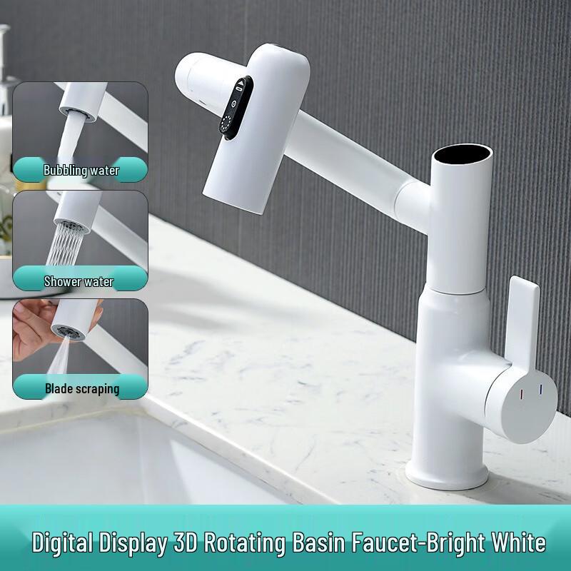 TLXT Lucky Cat Digital Display Pull-Out Brass Bathroom Faucet