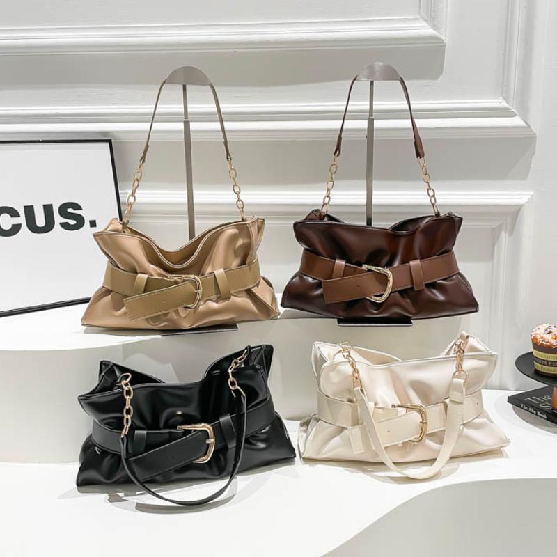 Luxury Retro Belt Buckle Shoulder Bag Soft Pleated Handbag Solid Color Elegant Women's Underarm Bag Fashion Versatile Clutch Bag