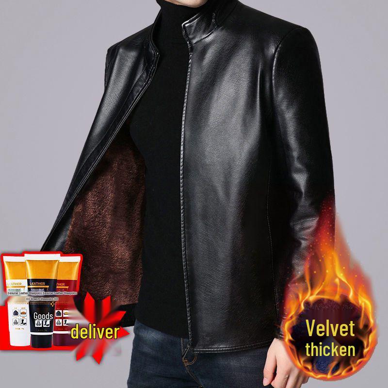 2024 Men's Fleece-Lined & Thin Style Winter Leather Jacket for Middle-Aged and Elderly