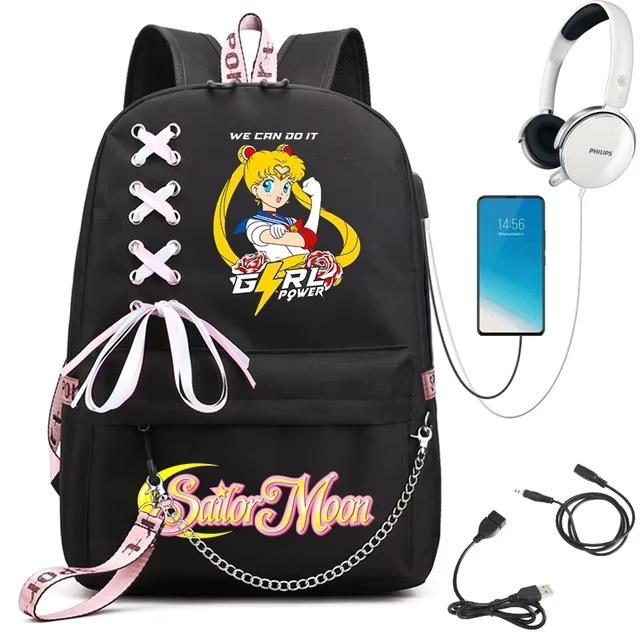 Sailor Moon Printed Student Backpack Ribbon Shoulder Bag Girls School Travel Backpack Large Capacity School Bag
