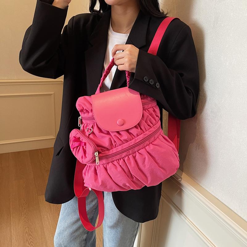 Solid Color Backpack Women's Pleated Handbag with Coin Purse