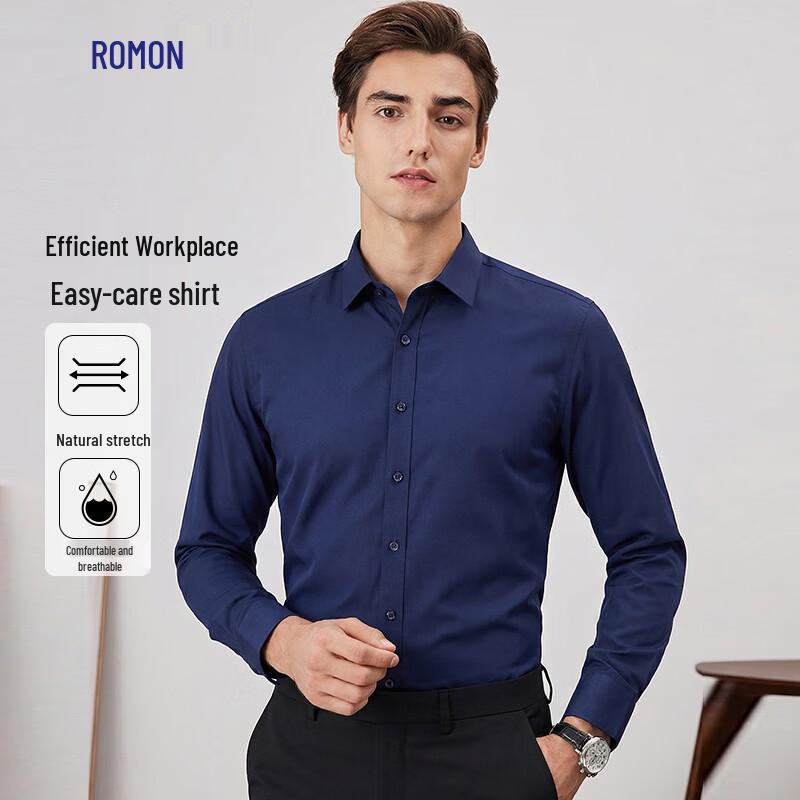 Rommon Men's Long-Sleeve Solid Color Business Casual Shirt