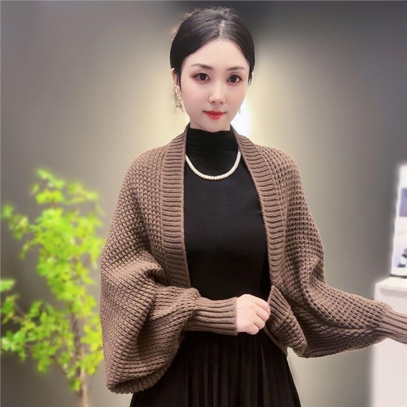 

Кардиган тонкої в язки вафельним візерунком зі стильним довгим рукавом, тепла в язана шаль для осінньо-зимової моди, трендовий та універсальний шаль-верхній одяг Size: One Size