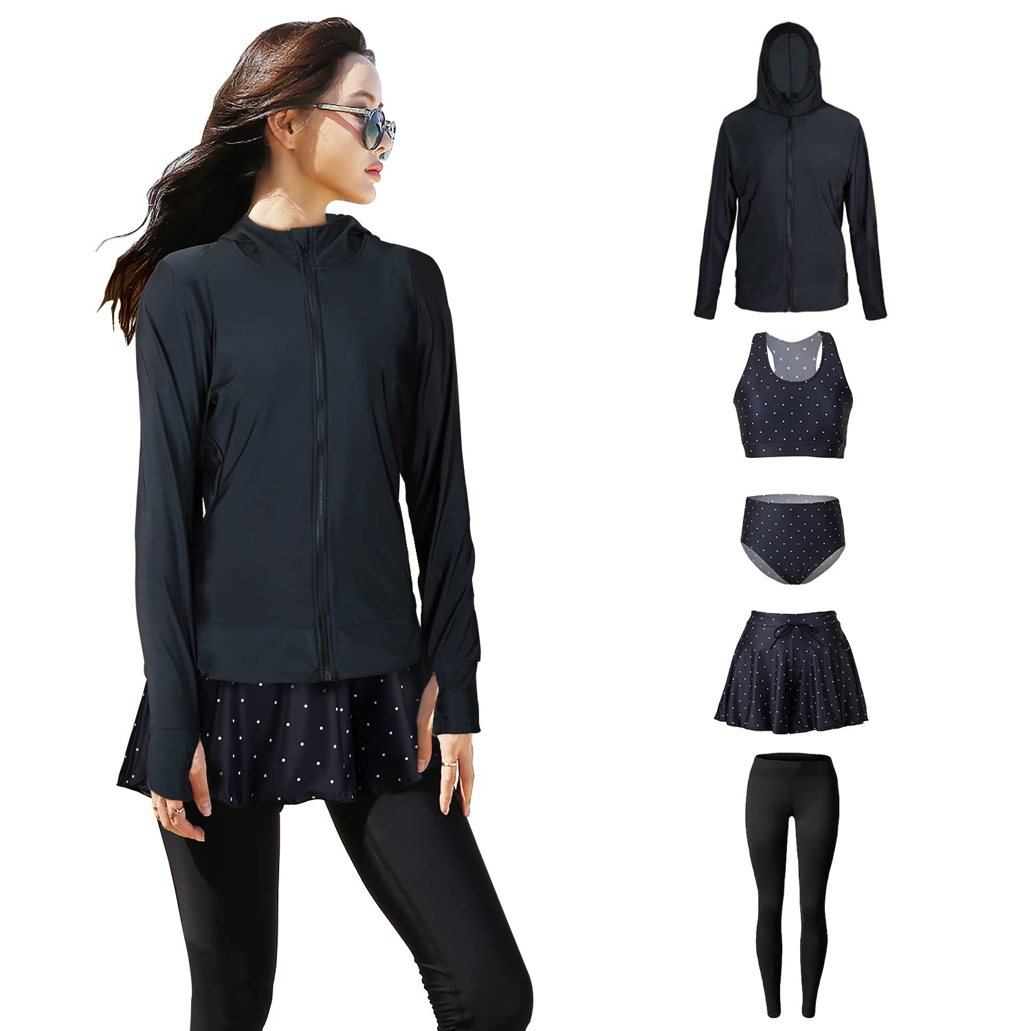 

Фитнес рашгард с длинным рукавом с женским купальником плюс, капюшоном, бикини, шортами, леггинсами, набор из 5 предметов, размеры, утягивающий фигуру