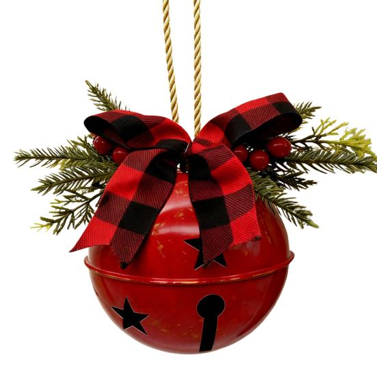 Christmas Bells Ornament Rustic Christmas Jingle Bell with Pine Needles Red Berries Plaid Bow Metal Sleigh Bell Farmhouse Xmas Tree Hanging Decor