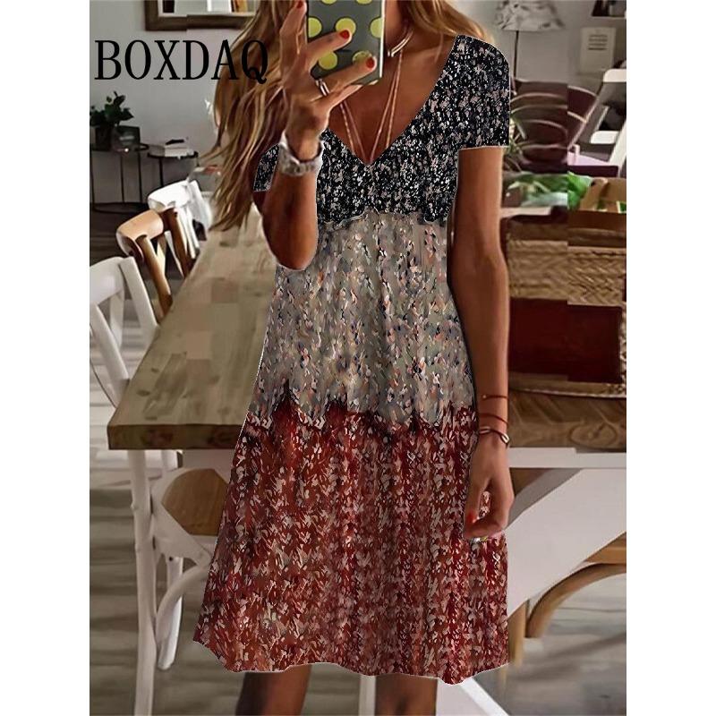 Summer Dress For Women New Sundress Vintage Floral Printed Dress Female Clothes Elegant Casual V-Neck Short Sleeve Party Dresses