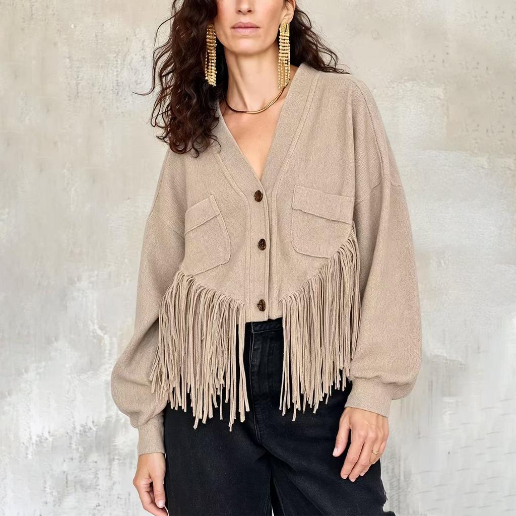 Women's Cropped Streetwear Jacket with Flattering Fit, Hem, V-Neck and Single-Breasted Button Front