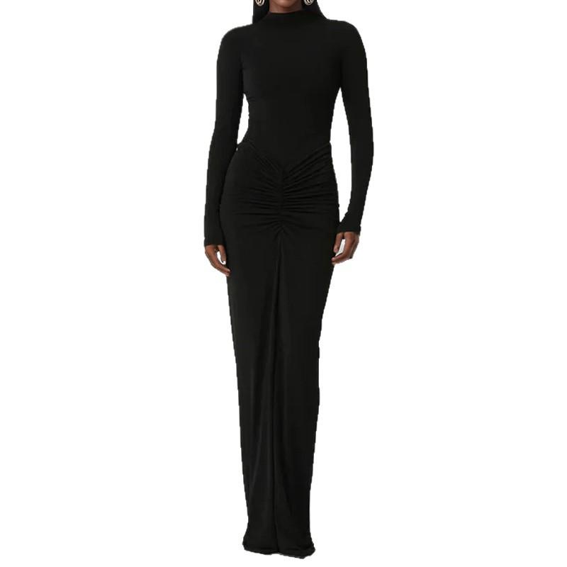 Herbst Europäische und Amerikanische Damenbekleidung Neu, Temperament Schlank Einfarbig Langärmelig Falten Halbtunnelkragen Kleid