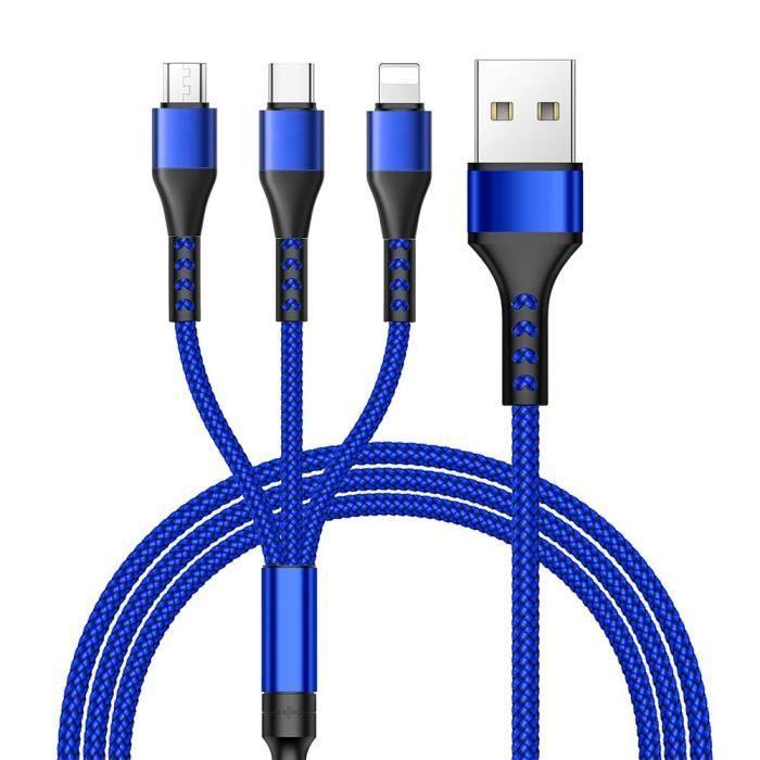 Câble USB 3 en 1 Multifonction pour Samsung Galaxy A54 A14 4G-5G A34 M13, M23 5G, Câble USB-C Micro-USB Bleu