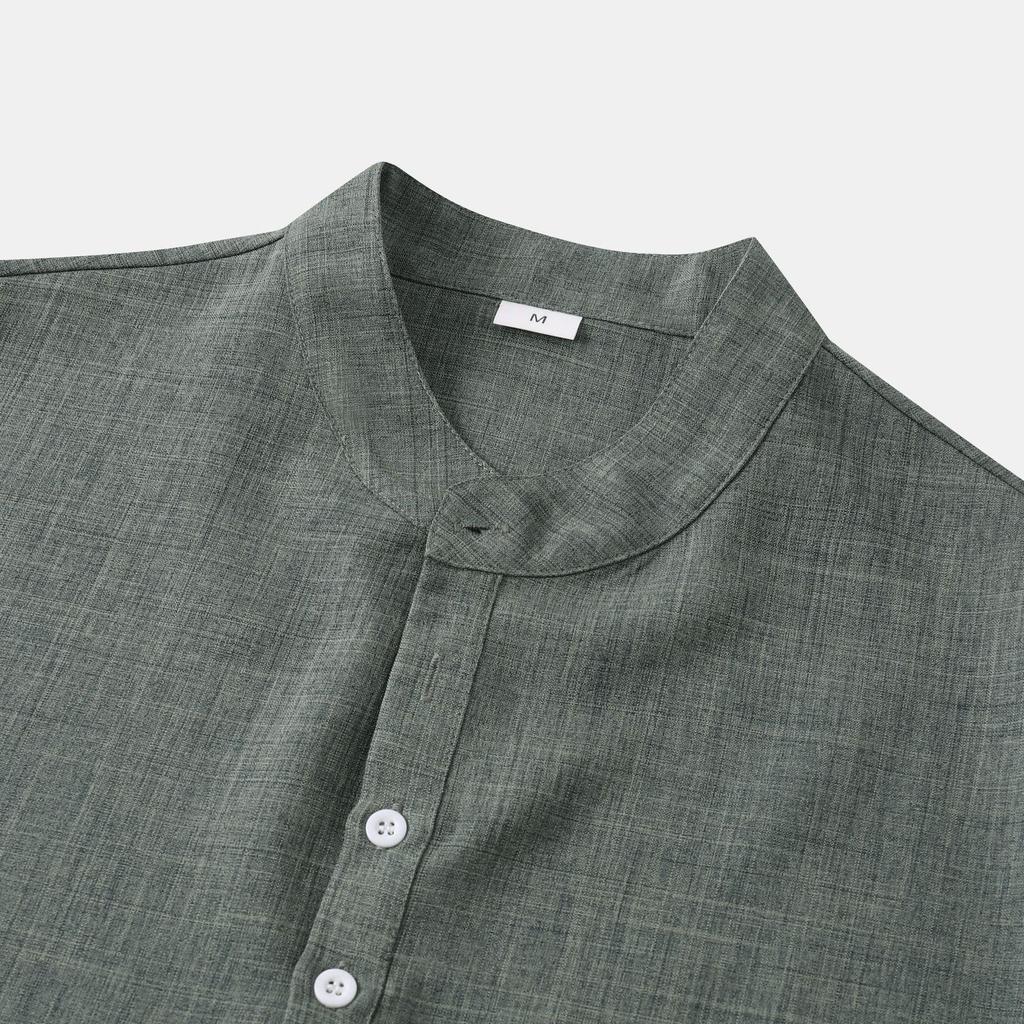 Men's Slim-Fit Stand-Up Collar Solid Color Short-Sleeve Shirt, 2024 Spring/Autumn Collection