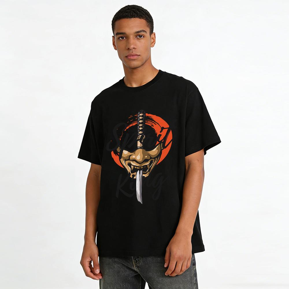 Japanese Oni Mask Katana Print Cool Casual Short Sleeve T-Shirt Pure cotton T-shirt