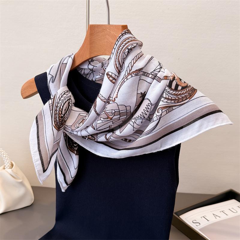 Literary printed cotton linen small checkered scarf imitation velvet scarf retro shawl sun protection women's scarf