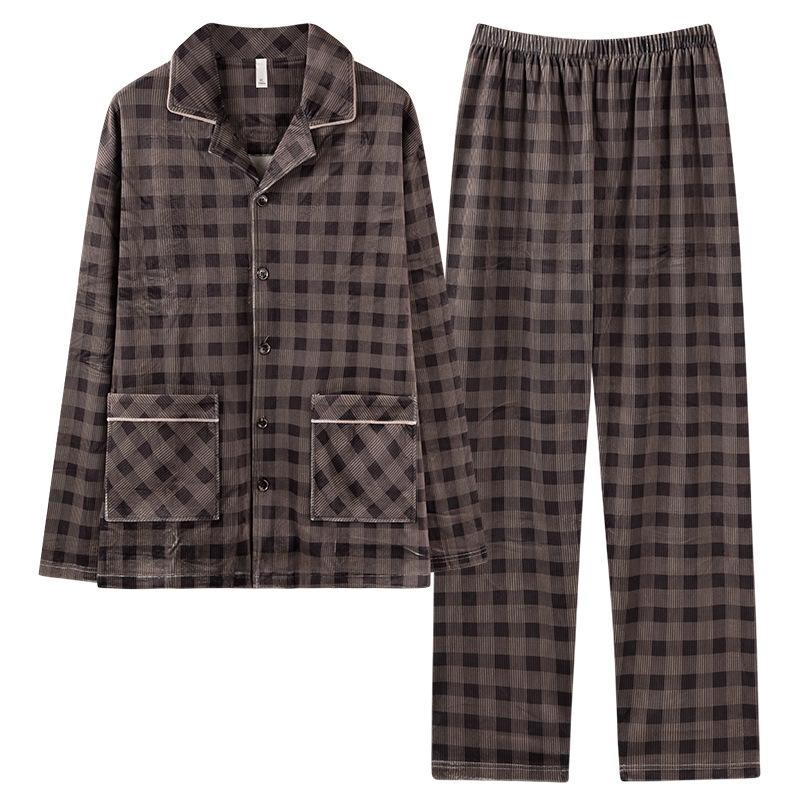 Pajamas Men'S Autumn And Winter Island Fleece Thickened Fleece Warm Coral Fleece Winter Plaid Thin Fleece Homewear Set