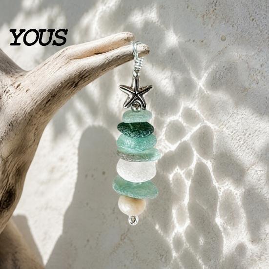 Beach Lover Gift for Family Sea Glass Tree Ornament, Handmade Starfish Hanging Modern Coastal Home Decor Decoration, Style Pendant Christmas Tree, Bag