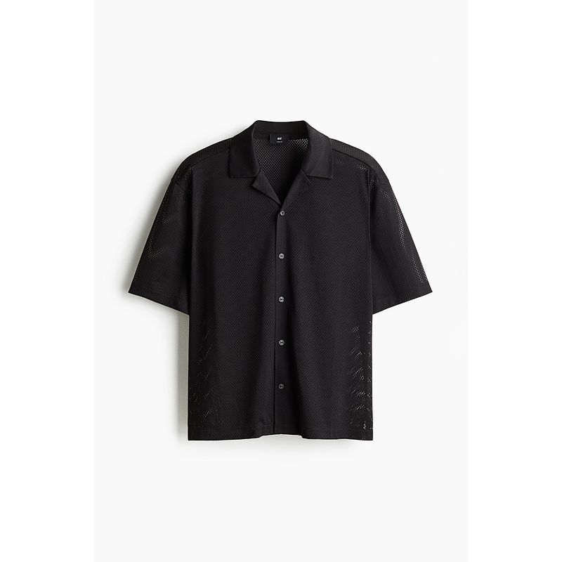 

HM Men s Cuban Collar Shirt 2025 Summer New Arrival Texture Loose Design Mesh Shirt 1275902 Black 180/116