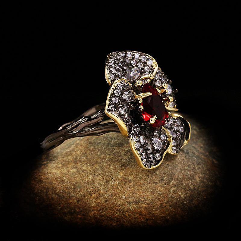 Diamond Iris Two-color Ring European and American Blue Topaz Flower Engagement Cocktail Ring