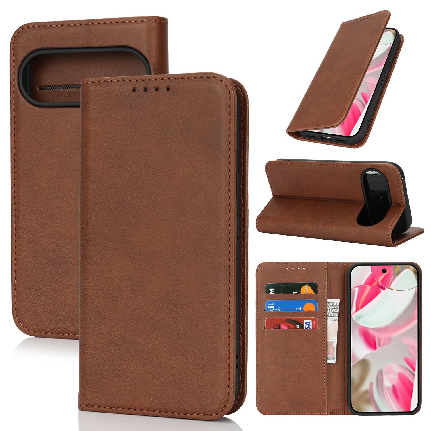 

For Google Pixel 10/10 Pro Case PU Leather Calf Textured Magnetic Closing Smart Phone Cover Dark Brown