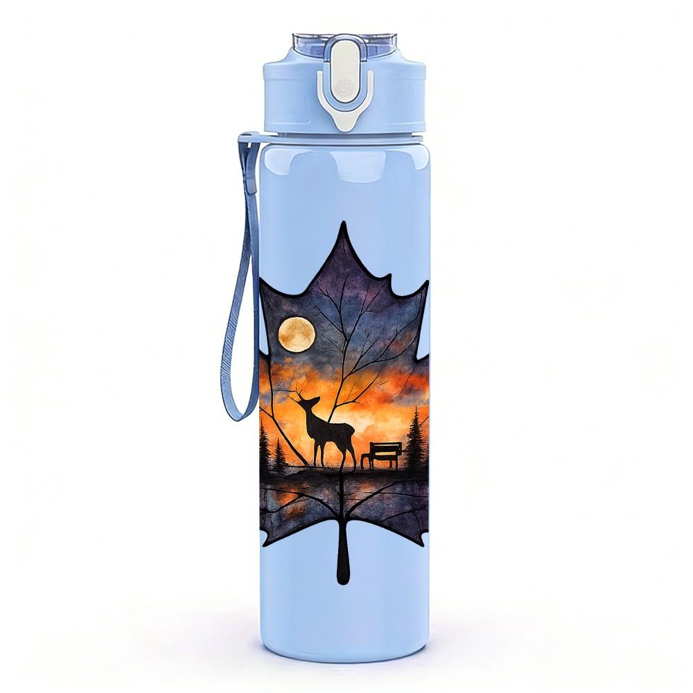 1PC Burning Autumn Maple Leaf 750ml Color Plastic Sports Water Bottle Leakproof Flip Straw Lid Suitable for Sports Office Home Use