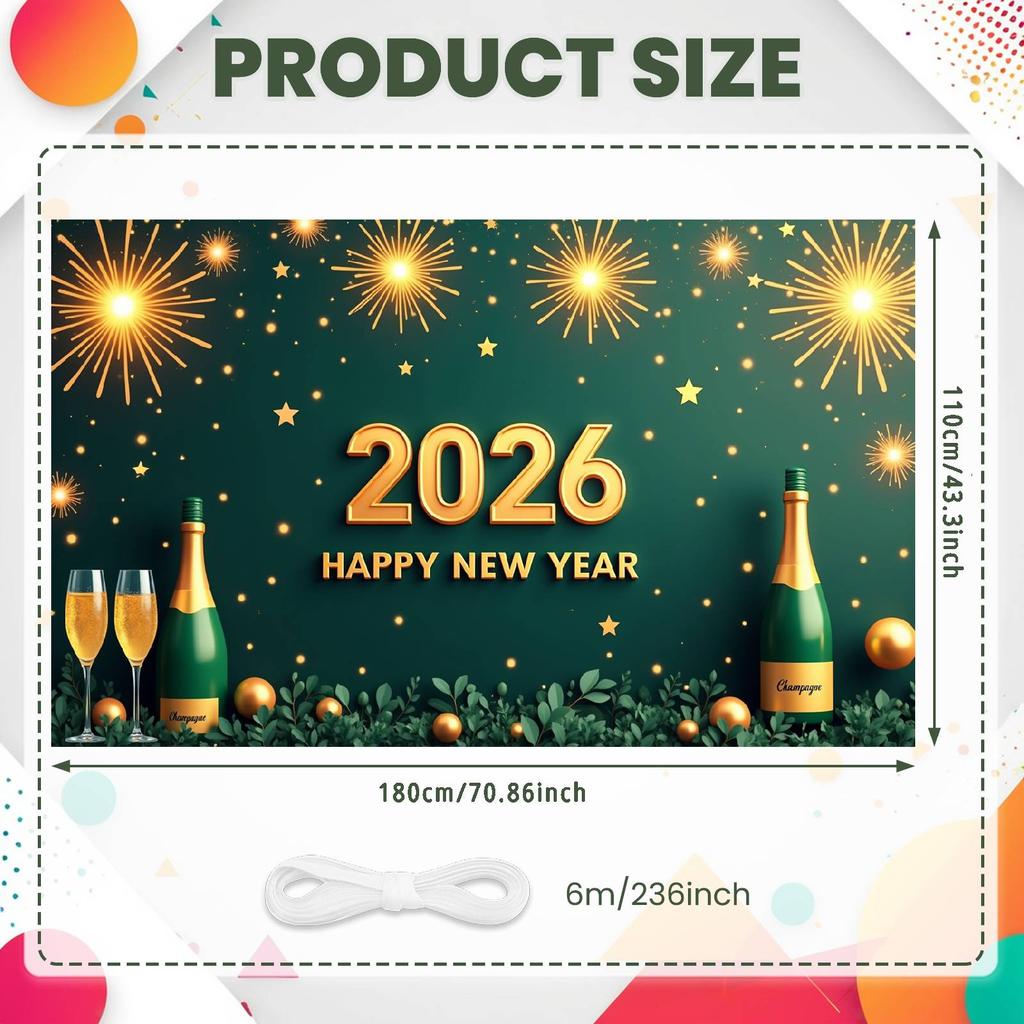 2026 New Year Banner Green Background Champagne Happy New Year Banner for New Year Party 2026 Celebration Holiday Decoration