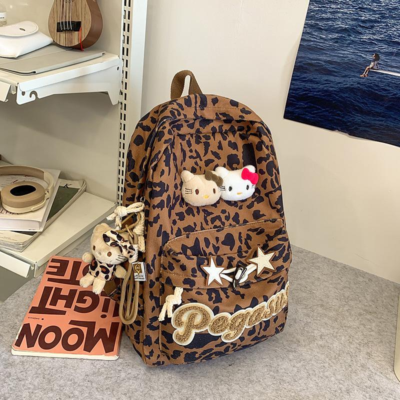Schoolbag New Leopard Print Kitty Backpack Female Cow Print College Student Ins Korean Version Cute Large Capacity Campus Backpack