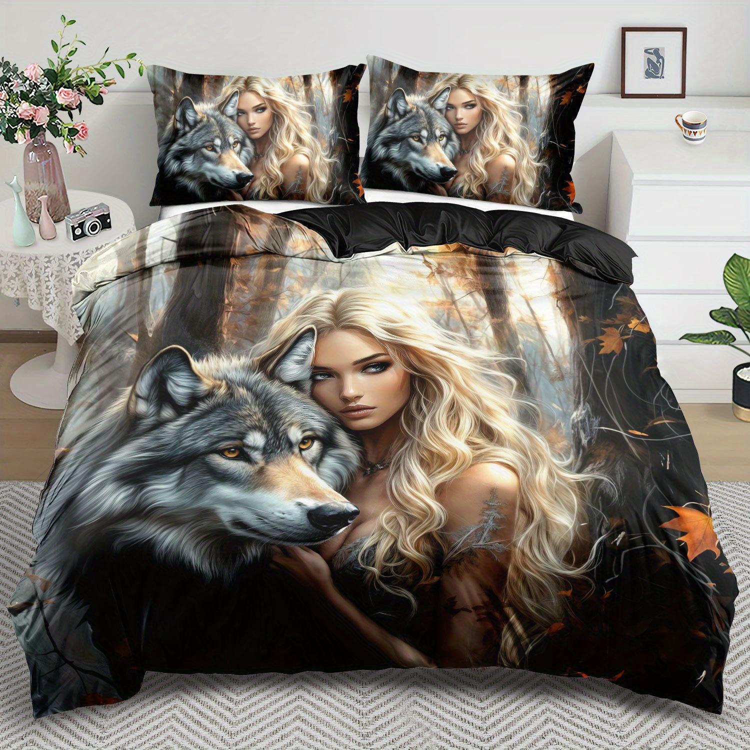 

Animal Theme Down Wolf and Beauty Pattern Printed Duvet Cover Set - Comfortable and Breathable, Beauty Theme Printed Bedding Set EU Twin(135x200cm)