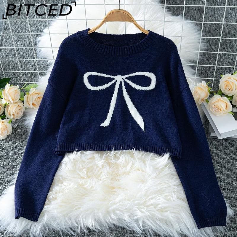 

BITCED Fall Women s Knit Top with Bow Detail, Long Sleeves, Pullover Style, Cropped Length, and Exposed Midriff XL темно-синий