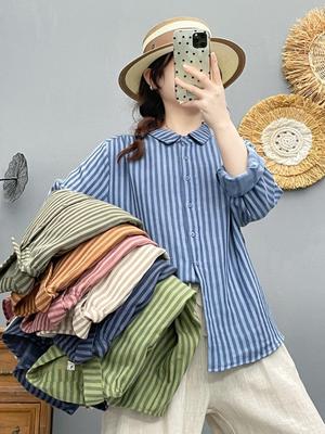 Women's Vertical Stripe Long-Sleeve Cotton Shirt - Spring & Autumn Slim Fit