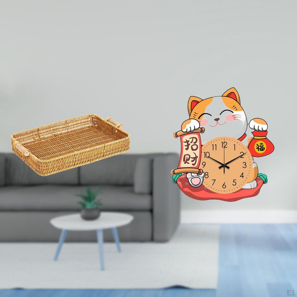 Woven Cat Fruit Basket Wall Clock Snack Serving Bowl Silent Hanging Decor for Kids Children Office