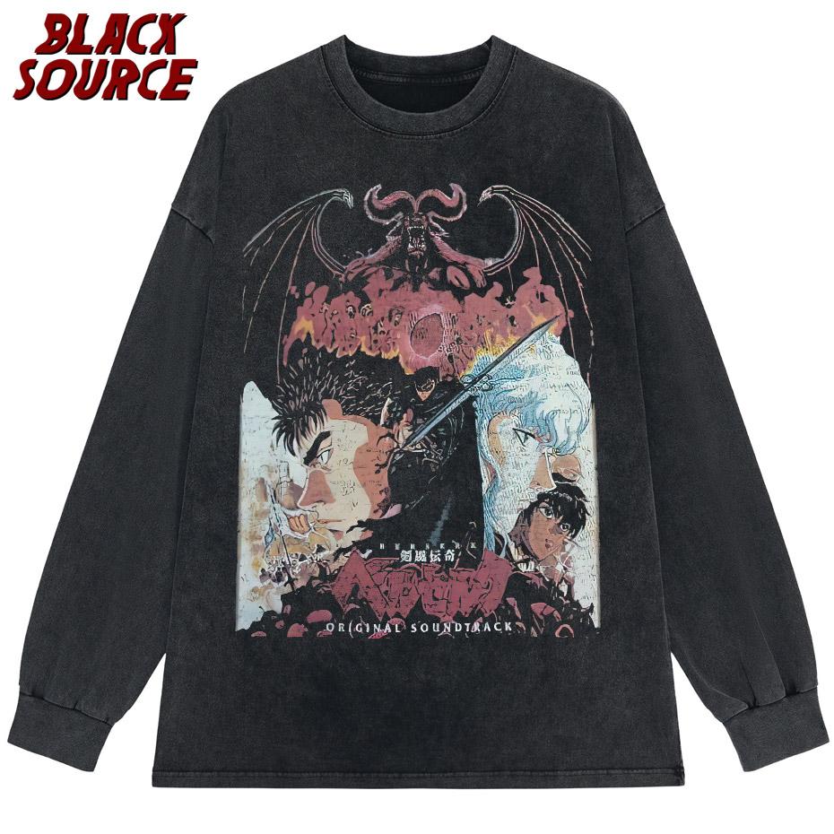 Black Source ANIME MANGA VINTAGE WASH UNISEX TSHIRT Octopus Men Harajuku TShirt Japanese Style