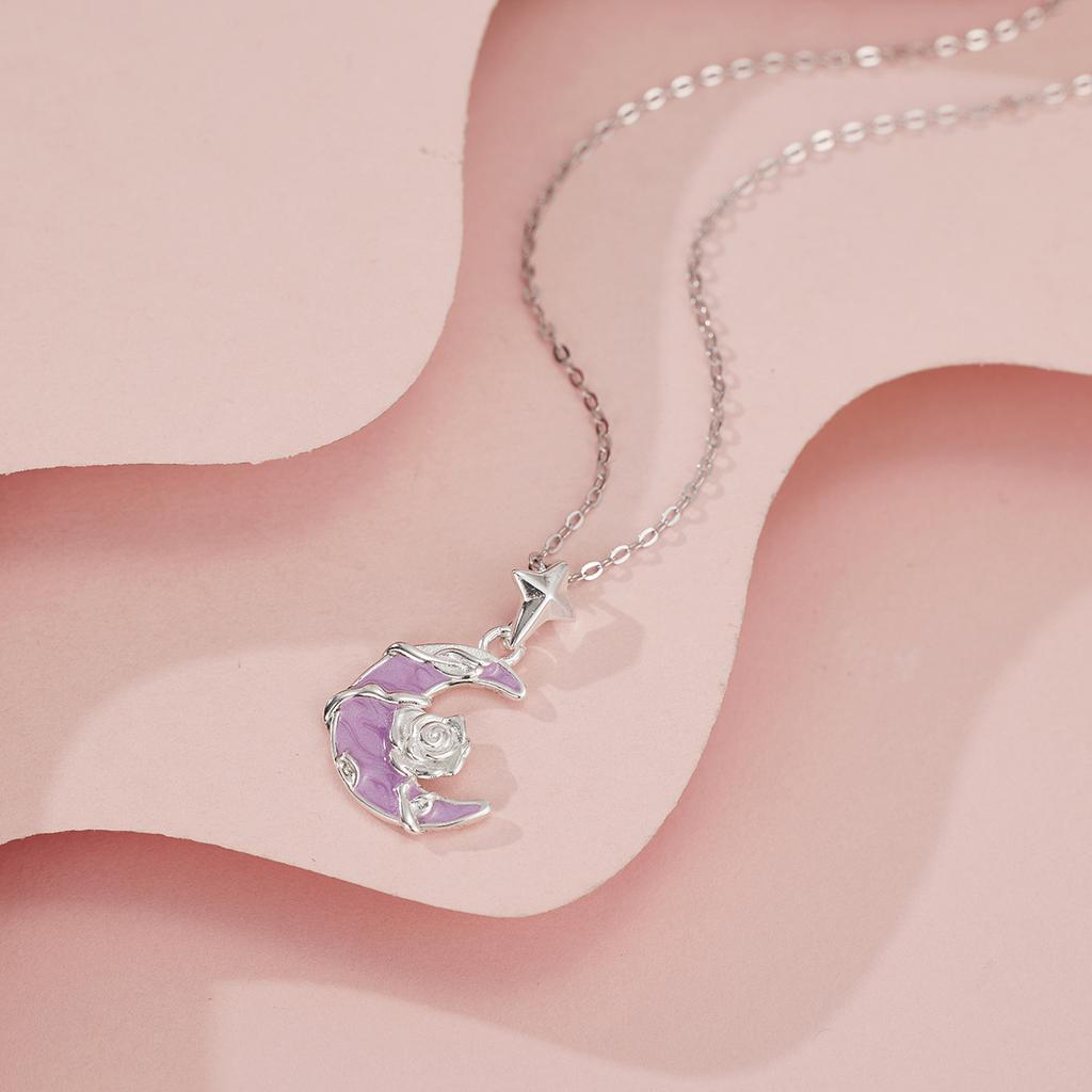 Full silver 990 Monet garden rose moon necklace women's enamel crescent moon pendant light luxury collarbone chain