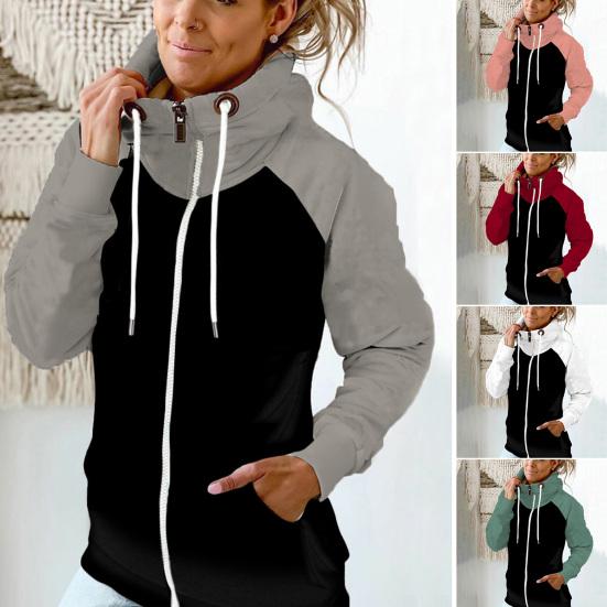 Dame Vinter Hettegenser Glidelås Hette Fleece Kontrastfarge Lappverk Varm Halsbeskyttelse Casual Myk Høst Hettegenser Dameklær