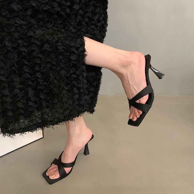 Fashion 2025 Summer New Fairy Style High Heels Women's Silk Square Head Thin Heels Cross Style High Heels One Line Cool Slippers