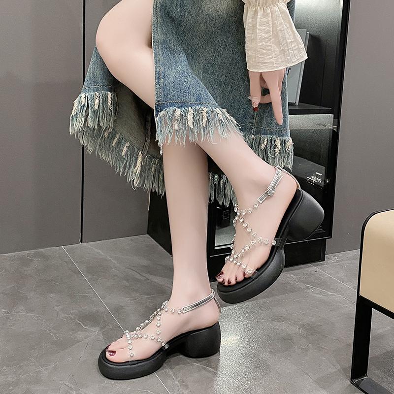 Fashion Transparent Diamond Sandals Women's New Summer Round Head Thick Sole Line with Roman High Heels